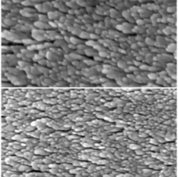 copper nanorods grown with two interruptions (top) and six interruptions (bottom)