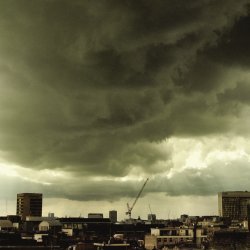 dark clouds over city