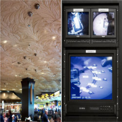 Three types of cameras feed the video wall in the Mirages surveillance room (right).