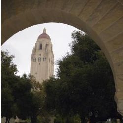 Hoover Tower seen through the arches of Memorial Square at Stanford University