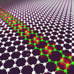 artist's conception of molecular defects in sheet of graphene