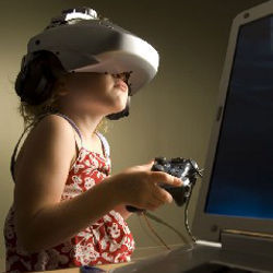 child wearing virtual environment video helmet 