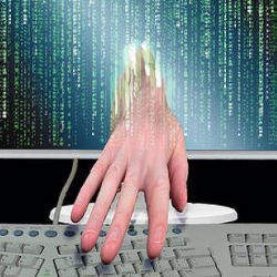 hand emerging from computer screen