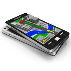 smartphone displays city map, illustration