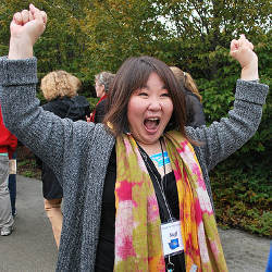 worker cheering