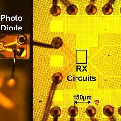 Part of an optical link test chip.