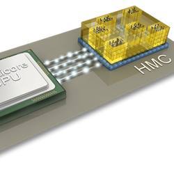 An illustration of a Hybrid Memory Cube connecting over a bus to a CPU.