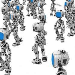 A swarm of small humanoid robots.