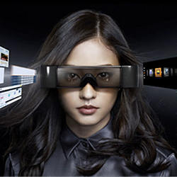 A woman wearing Epson's Moverio 3D head-mounted display.