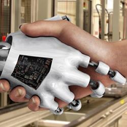 Human and robot shake hands.