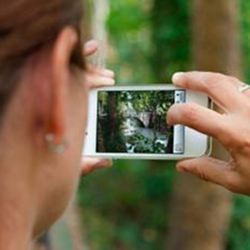 A visually impaired person using a smartphone camera app.