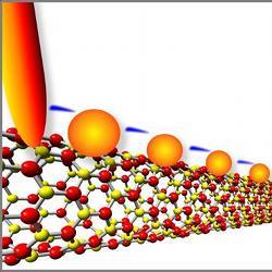 An image of electrons flashing across a series of gold quantum dots. 