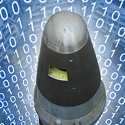 A warhead in the midst of computer data, representing cyberwar.