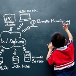 A child drawing a network diagram on a blackboard.