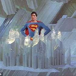 Christopher Reeve as Superman, standing among his 'memory crystals.'