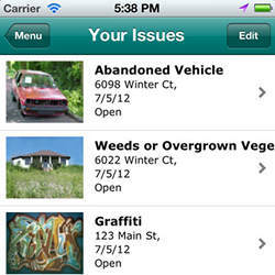 An iPhone screen lists issues reported to Pasadena's CRM system.