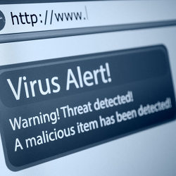 A virus alert warning on a computer screen.