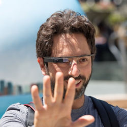 Google co-founder Sergei Brin wearing Google Glass.