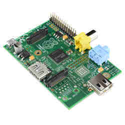 Model A of the Raspberry Pi computer on a board. 