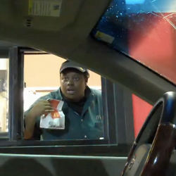 A server at a drive-thru restaurant is pranked by an 'invisible driver.'