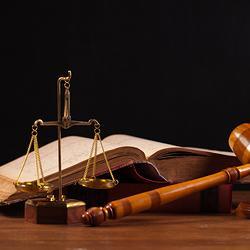 A law book, gavel, and the scales of justice.