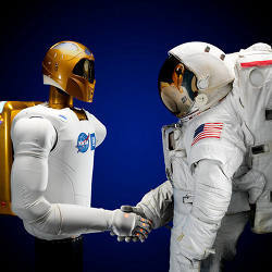 An astronaut and a space-faring robot. 