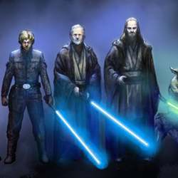 Luke Skywalker and some fellow Jedi wielding light sabers.