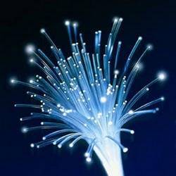 Lit optical fibers.