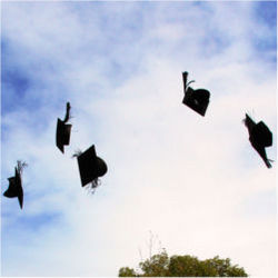 Graduation hats in air