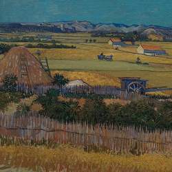 A detail of a copy of van Goghs painting The Harvest, of a landscape near Arles, France, made with a 3-D printer. 