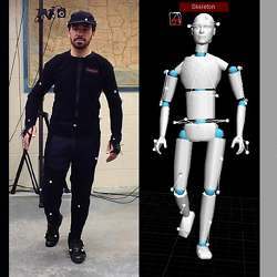 Data from a volunteer in a motion capture suit provides data on skeletal movements.