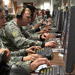 Military cybersecurity personnel in action.