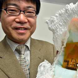 The University of Tokyo's Takao Someya shows the world's first disposable wireless organic sensor embedded in a diaper. 