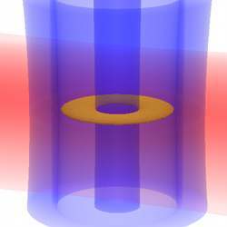 Schematic of laser setup (red and blue beams) to create a flat, toroidal-shaped BEC (shown in yellow).