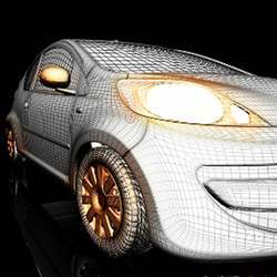 A wireframe design model of a car. 