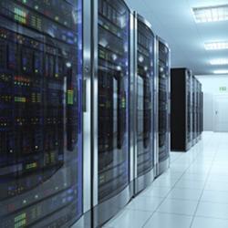 Racks of servers in a data center. 