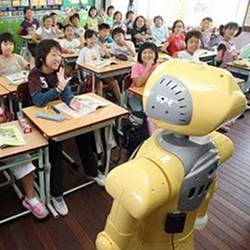 A robot teacher in front of a class. 