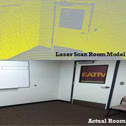 Comparing a laser scan of a room (above) with a photographic image of the same room (below). 