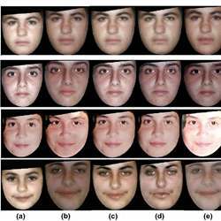 Photos of children (left column) and different algorithmic projections of how they will look as they age. 