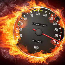 Blazing speed, as indicated by a flaming speedometer. 