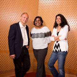 MIT Computer Science and Artificial Intelligence Laboratory Decentralized Information Group director Tim Berners-Lee with MIT graduate student Oshani Seneviratne (center) and CSAIL principal researcher Lalana Kagal.