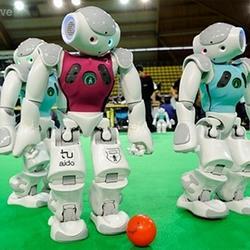 Robots playing soccer.