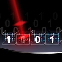 Artist's impression of a laser pulse changing a magnetic bit.