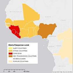 A map depicts the status of the Ebola outbreak on August 21.