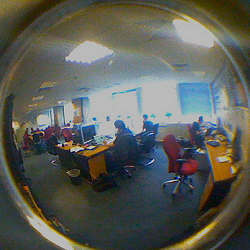 A fish-eye view of a coding classroom. 