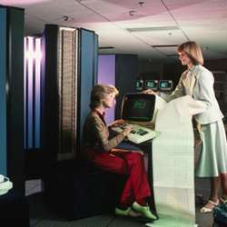 Computer engineers working on Cray supercomputers in 1983.