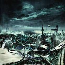 Artist's representation of a city of the future. 