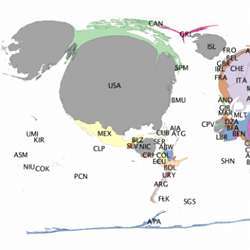 Part of a map displaying how international news is viewed in North America.