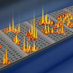 Artists depiction of light traveling through a photonic crystal superlattice, where holes have been randomly patterned.