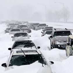 Cars stranded in extreme winter weather. 